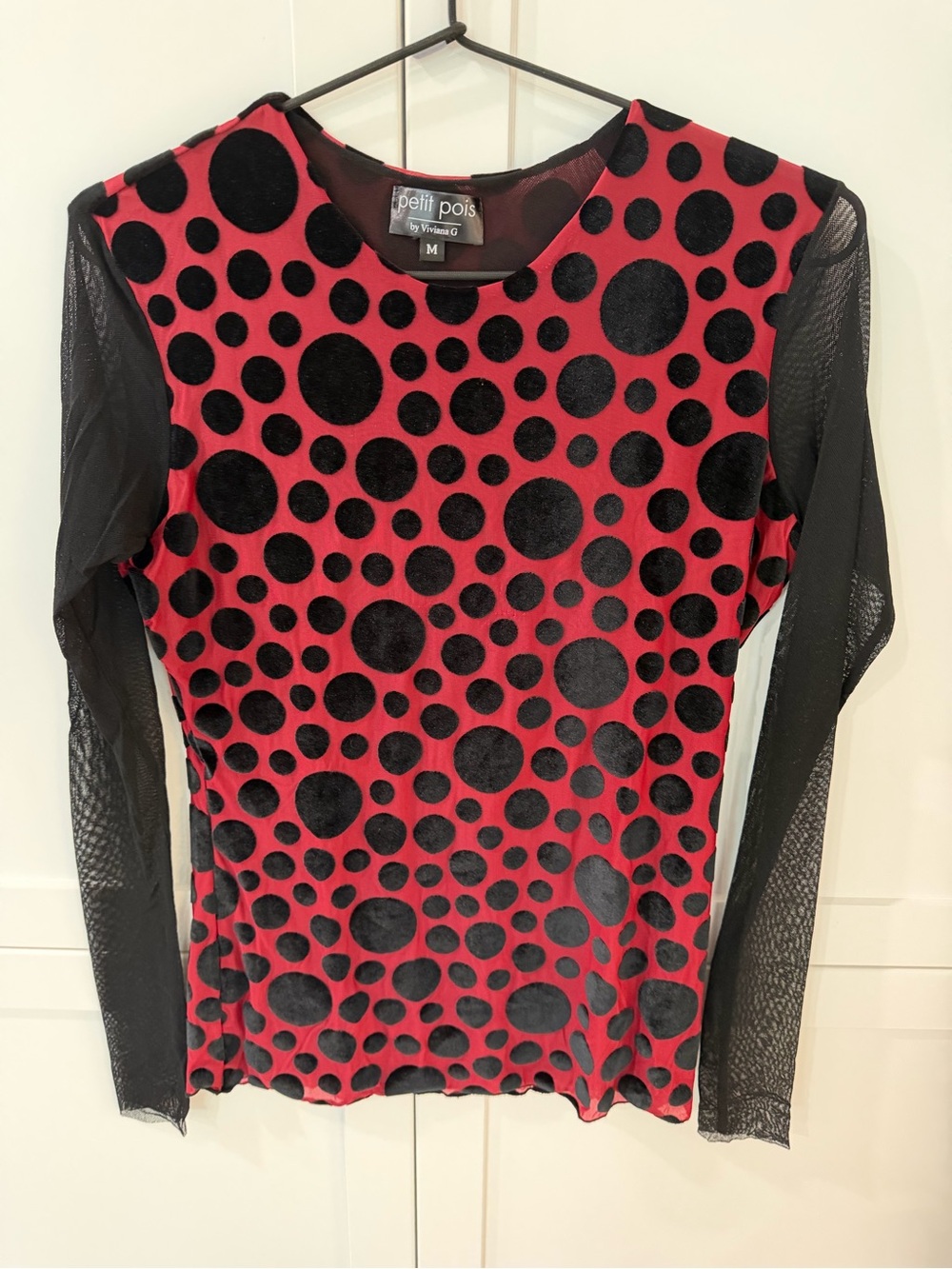 Petit Poi’s Red & Black Polka Dot Mesh Sleeve Top size medium